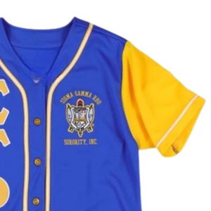 Maillot de baseball Sigma Gamma Rho bleu et jaune pour femme, chemise de sport boutonnée de sororité, maillot athlétique à lettres grecques personnalisé - Product Image 4