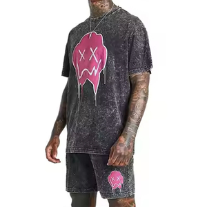 Custom Men's 2 Piece Polyester/Cotton Blend Sweatsuit Summer Acid <b>Wash</b> T-Shirt Shorts Set High Street Style Breathable Digital - Product Image 3