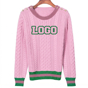 <b>Custom</b> Pink Knitted Women's Cardigan Anti-Pilling Embroidered Logo Contrast Color Trim O-Neck Long Sleeve Panelled Autumn - Product Image 1