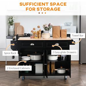 Isola da Cucina Moderna Nera con Ruote, in Rovere, con Piano Ribaltabile Regolabile, Cassetti Contenitori, Ante e Armadietti, Piano di Lavoro in Legno di Gomma - Product Image 4