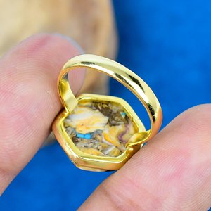 Natural Oyster <b>Turquoise</b> Hexagon shape Cut Gemstone 18k Gold Plated Bezel Handmade Cocktail <b>Ring</b> For Women - Product Image 4