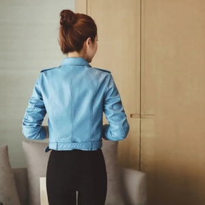 Veste en cuir de vache véritable 100% pour femme, rouge, style motard, fermeture éclair, ceinture à la taille, longueur normale, manches longues, style biker, hiver - Product Image 4