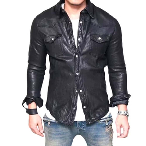 Men's Black Leather Long Sleeve <b>Button</b> Down <b>Shirt</b> leather Solid Color Turn-down Collar Full Sleeve Autumn Wear - Product Image 1