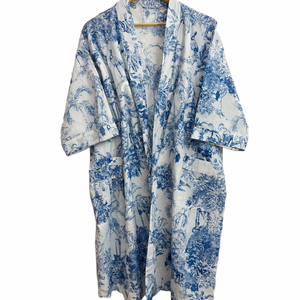 Bata Kimono de Algodón 100% para Mujer, Cuello en V, Estampado Toile Azul, Ligera, para Spa, Baño o Verano - Product Image 2