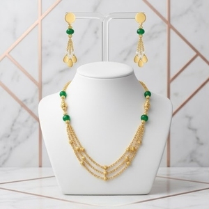 Ensemble de collier Mala multicouche en argent 925 avec perles vertes pour femmes, boucles d'oreilles fantaisie de créateur, ensemble de bijoux traditionnel pour cadeau de mariage - Product Image 1