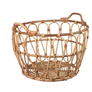 Handmade Natural Rattan Storage Basket | Boho Wicker <b>Laundry</b> <b>Hamper</b> with Handles Eco-Friendly Open-Weave Round Decorative Basket - Product Image 1