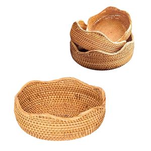 PHU HAO Premium Eco-friendly Handmade Vintage Wicker Rattan <b>Bread</b> <b>Basket</b> / Tray Scalloped Weaving Border Circle Shape Storage - Product Image 1