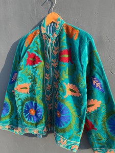 Floral Embroidered Velvet Jacket Handcrafted Boho Suzani Coat Suzani Style <b>bird</b> Design Velvet Suzani Jacket - Product Image 2