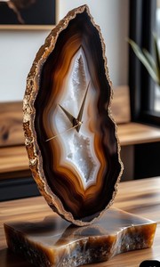 Horloge murale analogique en agate naturelle polie avec motif abstrait et géométrique, design d'art moderne pour la maison et le bureau - Product Image 1