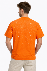 Camiseta Casual de Manga Corta para Hombre, Color Naranja, con Pedrería Brillante, Estilo Urbano, con Estampado de Diamantes Brillantes, a la Moda - Product Image 4