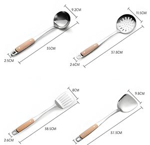 Ustensiles de cuisine en acier inoxydable avec manche en bois : Spatule ajourée, Spatule plate, Louche à soupe, Écumoire, Outils de cuisine à long manche - Product Image 6