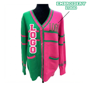 <b>Custom</b> Pink Green Womens Winter Cardigan V Neck Sorority Sweater Acrylic Knitted Two Tone Front Embroidery Logo - Product Image 1
