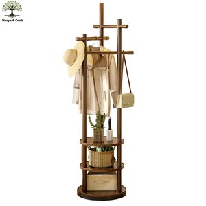Porte-manteau pliable en bois massif avec rangement sur roulettes, 3 étagères et 6 crochets, design moderne autoportant pour l'entrée de la maison - Product Image 4