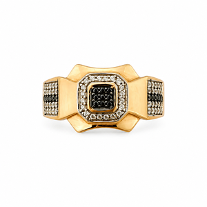 Solid 18K Gold <b>Mens</b> <b>Black</b> and White Diamond Signet <b>Ring</b> Geometric Square Cluster High Polish Statement Wedding Party Gift Fine - Product Image 1