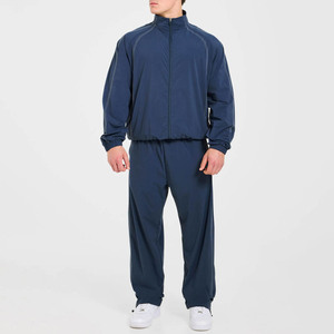 Dernier design OEM personnalisé, ensemble 2 pièces homme : veste coupe-vent marine entièrement zippée et pantalon avec passepoil, survêtement de sport - Product Image 1