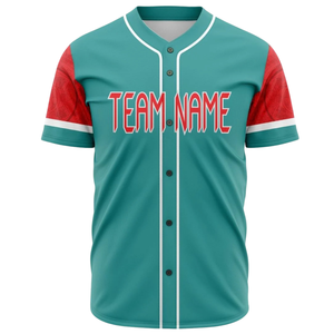 Camiseta de Béisbol Roja y Verde Azulado de Manga Corta con Botones, Uniforme de Equipo Personalizado, Camisa Deportiva Transpirable de Poliéster - Product Image 2