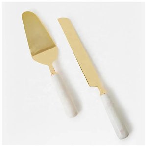 White Marble Handmade Handle Stainless Steel Gold Plated Wedding and Party <b>Cake</b> <b>Server</b> Cutter and Serving Set On Sale - Product Image 1