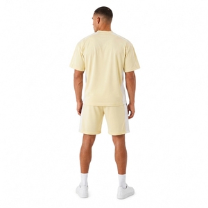 Ensemble T-shirt et short tricoté décontracté pour homme avec cordon de serrage, col rond, color block, respirant, blanc - Product Image 2