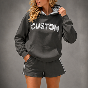 Custom Charcoal Grey Women Cotton 2Piece Loungewear <b>Set</b> Contrast Gingham Lined Hoodie Plaid Letter Patch <b>Embroidery</b> Tracksuits - Product Image 1