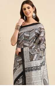 Sari en soie noir et gris imprimé numériquement, élégant, pour femmes, style Inde Pakistan, idéal pour les fêtes, coupe classique, infroissable, toutes saisons - Product Image 2