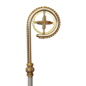 Crosse d'évêque artisanale en métal, forme irrégulière, finition or et argent, décorative, pour la marche pastorale - Product Image 3