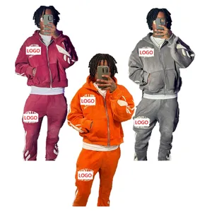 Ensemble de survêtement OEM 2026 personnalisé avec logo, effet délavé, comprenant un sweat à capuche zippé et un pantalon de survêtement évasé pour homme - Product Image 3