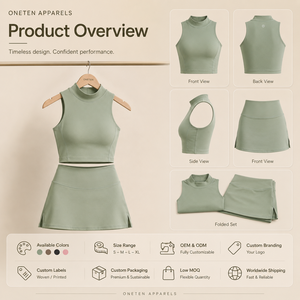 Ensemble de sport pour femme avec logo personnalisé, sans manches, col mandarin, jupe courte taille haute, polyester/coton, couleur unie, tenue de sport - Product Image 2