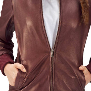 Chaqueta Bomber de Cuero Genuino Borgoña al por Mayor, Impermeable, Ecológica, para Otoño/Invierno, con Dobladillo Acanalado y Cierre de Cremallera, OEM ODM - Product Image 4