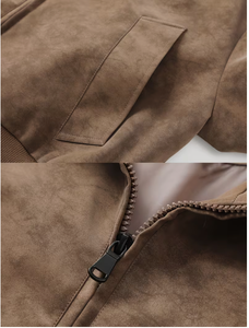 Men s Brown <b>Suede</b> Bomber <b>Jacket</b> Stand Collar Zipper Closure Casual Style Autumn Wear Regular Fit Solid Color Woven Fabric - Product Image 5