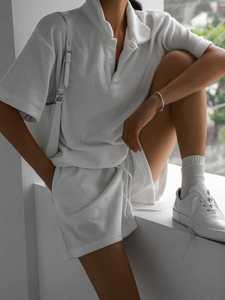 Conjunto de Camiseta de Manga Corta con Cuello con Volantes y Pantalones Cortos por Encima de la Rodilla para Mujer, Casual, Color Sólido, Spandex/Poliéster, Transpirable y Ecológico - Product Image 6