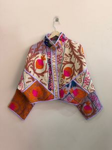 Hand Embroidered Floral Quilted Cotton <b>Jacket</b> <b>Mandarin</b> <b>Collar</b> Three Quarter Sleeves Short Length Boho Style Winter Spring Summer - Product Image 5