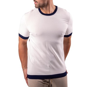 Camiseta Blanca de Cuello Redondo y Manga Corta para Hombre con Ribete en Contraste Azul Marino, de Algodón Tejido, Talla Grande, Largo Regular, Color Sólido - Product Image 3