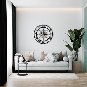 Roman Number And Compass Design Black Metal <b>Wall</b> <b>Clock</b> For Living Room And Office Adds Vintage And Nautical <b>Decor</b> Appeal - Product Image 5
