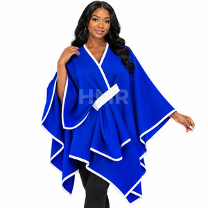HMR Sorority Sisterhood <b>Blue</b> Asymmetric <b>Poncho</b> With White Trim Batwing Sleeve V-Neck Long Cardigan Sweater - Product Image 3
