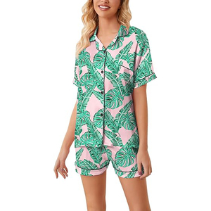 Conjunto de 2 piezas con estampado de hojas tropicales y cuello vuelto para mujer, traje de noche de manga corta con botones delanteros y pantalones cortos con cintura elástica - Product Image 4