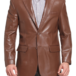 <b>Men's</b> <b>Brown</b> Leather <b>Blazer</b> Slim Fit Single Breasted Turn-down Collar Smart Casual Autumn Wear Solid Color Regular Sleeve - Product Image 1