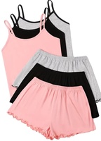 Ensemble pyjama 2 pièces pour femme en jersey couleur unie, printemps-été, avec débardeur à fines bretelles et short à volants, taille élastique, thermique et décontracté