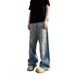 กางเกงลำลองขาตรงผู้ชาย, กางเกงยีนส์ซักด้วยคริสตัลทรงหลวมมีสไตล์ฮิปฮอปเทรนด์2025ฤดูใบไม้ร่วงฤดูหนาว - Product Image 1
