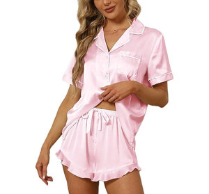 Conjunto de Pijamas de Satén para Mujer, Manga Corta, Color Negro Sólido, Cuello Camisero, Cintura Elástica, Ropa de Dormir Clásica Transpirable para Primavera/Verano - Product Image 5