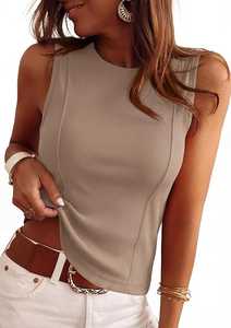 Débardeur côtelé sans manches pour femme, col rond, coupe ajustée, extensible, décontracté, basique, tricoté, couleur unie, tendance, pour l'été - Product Image 3