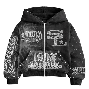 เสื้อฮู้ดดี้ผู้ชายผ้าฝ้าย 100% คุณภาพพรีเมียม ตกแต่งด้วยคริสตัล ล้างสีแบบแอซิดวอช สำหรับฤดูร้อน ลดราคา ผลิตแบบ OEM ขั้นต่ำในการสั่งซื้อน้อย ขายดีที่สุด สไตล์สตรีท - Product Image 1