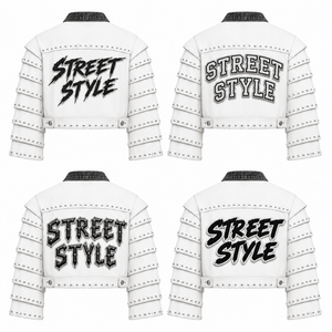 Blouson Moto Cropped Femme Personnalisé en Similicuir Blanc avec Clous, Manches Segmentées, Col Contrastant et Imprimé Style Urbain - Product Image 5