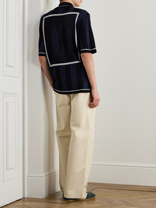 Chemise décontractée personnalisable pour homme, bleu marine, à rayures verticales, en maille, avec col contrastant, manches courtes, douce et respirante - Product Image 3