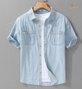 <b>Men's</b> Denim Short Sleeve Shirt Solid Color Button Down Casual Summer Cotton Regular Fit Turn-down Collar Medium Wash - Product Image 4