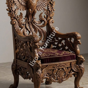 Luxury Handcrafted Solid Wood Phoenix Throne Chair Ornate Eagle Carving Velvet <b>Seat</b> Royal Armchair - Product Image 3