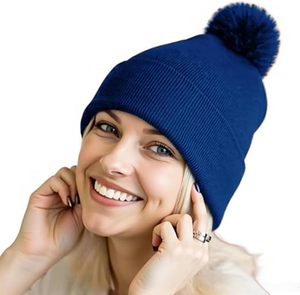 <b>Blue</b> Pom-Pom <b>Beanie</b> Hat Unisex Hand Knitted Solid Color Winter Cap Casual Style 56-58CM Head Circumference Acrylic Material - Product Image 1