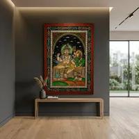 Handgefertigte Pattachitra-Malerei Shiva sitzend mit Parvati auf Holz für Innenraum-Wohnzimmer Wanddekoration