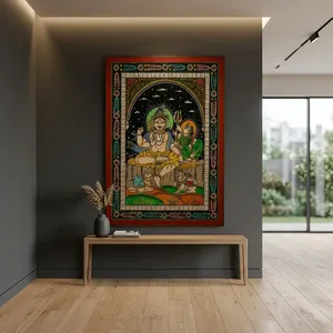 Peinture Pattachitra artisanale représentant Shiva assis sur Parvati sur bois pour décoration murale intérieure dans le salon - Product Image 4