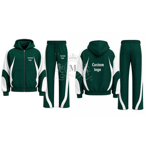 Custom Logo Green White Color Blocking Tracksuit 100% Set Full <b>Zip</b> <b>Hooded</b> 450 Gsm Sweatshirt Pants - Product Image 5