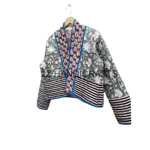 Chaqueta de algodón acolchada de último diseño 2024, chaquetas de retazos acolchadas con estampado de bloques a mano para mujer, a la venta, multicolor con borde crudo - Product Image 2